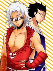  2boys alternate_age bakugan bakutech!_bakugan bakutech!_bakugan_gachi black_eyes black_hair glasses karate_outfit master_jyou master_shimo mister_down mister_up multiple_boys visor white_hair 