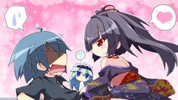  16:9 1boy 2girls asami_asami azurite blue_hair chibi game_cg long_hair multiple_girls re:birth_colony rindou_airi rindou_souji 