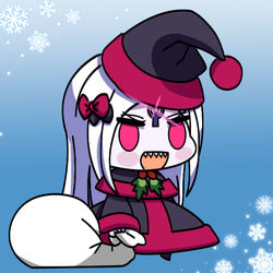  :d abigail_williams_(fate) abigail_williams_(third_ascension)_(fate) alternate_costume black_bow black_capelet black_dress black_hat blush_stickers bow capelet chibi commentary_request dress fate/grand_order fate_(series) female full_body glowing grey_hair hairbow hat holding holding_sack long_hair long_sleeves looking_at_viewer maximilian-destroyer meme open_mouth padoru_(meme) pale_skin parted_bangs pink_eyes red_bow sack santa_costume santa_hat sharp_teeth sleeves_past_wrists smile snowflakes solo teeth v-shaped_eyebrows very_long_hair wide_sleeves 