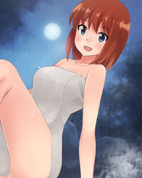  akatsuki_miho akemiho_tabi_nikki bad_id bad_pixiv_id bare_shoulders bathing blue_eyes blush brown_hair female full_moon gendai_ninjakko_zukan kouno_hikaru looking_at_viewer moon naked_towel night onsen outdoors short_hair sitting solo steam towel 