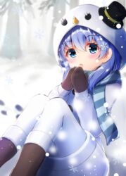  :o black_hat blue_eyes blue_hair blue_scarf blush boots breathing_on_hands brown_footwear brown_mittens commentary_request female hair_between_eyes hair_ornament hat hat_over_hood head_tilt highres hood hood_up hooded_jacket jacket knee_boots long_hair long_sleeves looking_at_viewer mini_hat mini_top_hat mittens nijisanji official_alternate_costume own_hands_together pantyhose parted_lips puffy_long_sleeves puffy_sleeves scarf sidelocks sitting skirt sleeves_past_wrists snowflake_hair_ornament snowflakes snowing solo striped_clothes striped_scarf tilted_headwear top_hat tree virtual_youtuber white_jacket white_pantyhose white_skirt ymd_(holudoun) yuuki_chihiro yuuki_chihiro_(6th_costume) 