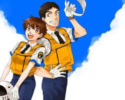  1boy aotama bad_id bad_pixiv_id black_hair blue_eyes brown_eyes brown_hair commentary_request female izumi_noa kidou_keisatsu_patlabor necktie police shinohara_asuma short_hair uniform 