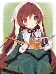  bad_id bad_pixiv_id brown_hair female gothic_lolita green_eyes heterochromia lace lolita_fashion long_hair natsumi_(natumi06) open_mouth red_eyes rozen_maiden sitting solo suiseiseki watering_can 