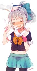  admiral_(kancolle) aqua_skirt artist_name bad_id bad_pixiv_id blush bow bowtie closed_eyes crop_top female grey_hair hair_ribbon hand_on_another&#039;s_head headpat jewelry kantai_collection midriff natsumi_(natumi06) navel open_mouth orange_bow orange_bowtie pantyhose pleated_skirt ponytail ribbon ring school_uniform serafuku skirt solo_focus twitter_username wedding_ring wristband yuubari_(kancolle) 