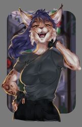  anthro breasts clothed clothing felid feline female fingerless_gloves fur gloves hair handwear hi_res jesus_y looking_at_viewer lynx mammal medium_breasts open_mouth smile solo standing teeth 