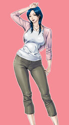  black_hair breasts brown_eyes capri_pants cardigan contrapposto daigo earrings female highres jewelry large_breasts lipstick long_hair makeup mature_eyes mature_female nail_polish narrow_waist necklace non-web_source open_cardigan open_clothes open_mouth original pants shirt simple_background smile solo standing taut_clothes taut_shirt 