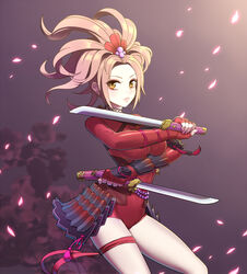  armor bad_id bad_pixiv_id blonde_hair bodysuit cherry_blossoms dual_wielding eyeshadow female fingerless_gloves flower gloves hair_flower hair_ornament hair_up hairpin holding kodachi leg_ribbon long_hair looking_at_viewer makeup nail_polish natsu_(soulcalibur) ninja pale_skin petals pink_nails reverse_grip ribbon sheath shiny_clothes short_sword skin_tight solo soulcalibur soulcalibur_v souma_kira sword thigh_ribbon thighs updo vambraces weapon yellow_eyes 