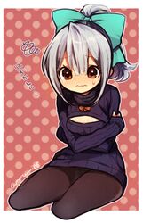  artist_name bad_id bad_pixiv_id blush brown_eyes cleavage_cutout clothing_cutout female grey_hair hair_ribbon kantai_collection looking_at_viewer meme_attire natsumi_(natumi06) open-chest_sweater panties panties_under_pantyhose pantyhose pantyshot polka_dot polka_dot_background ponytail ribbon sleeves_past_wrists solo squiggle sweatdrop sweater translated twitter_username underwear wavy_mouth yuubari_(kancolle) 