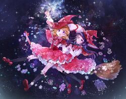  2girls :d asahina_mirai black_legwear blonde_hair bow broom broom_riding commentary_request frills full_body hat hat_bow heart_wand highres holding_hands izayoi_liko kneehighs long_hair magic_school_uniform mahou_girls_precure! mary_janes multiple_girls open_mouth pink_hat pink_skirt plaid plaid_bow precure purple_eyes purple_hair red_footwear school_uniform shoes short_hair skirt smile socks wand witch_hat yukiko_(tesseract) 