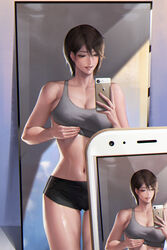  absurdres bad_id bad_pixiv_id bare_shoulders breast_lift breasts brown_hair cellphone cellphone_photo chromatic_aberration cleavage collarbone commentary_request female grey_sports_bra highres holding holding_phone kidmo korean_commentary large_breasts looking_at_phone midriff mirror navel original phone photoshop_(medium) reflection selfie shiny_skin short_hair short_shorts shorts smartphone smile solo sports_bra stomach taking_picture thighs 