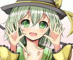  bad_id bad_pixiv_id bow collarbone female green_eyes green_hair hat hat_bow highres komeiji_koishi open_hands open_mouth solo touhou velia wide_sleeves 