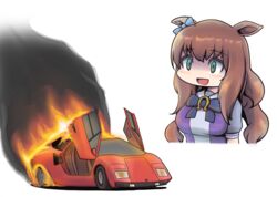  animal_ears blue_bow bow bowtie burning car commentary ear_bow ears_down female fire green_eyes hair_between_eyes highres horse_ears horse_girl horseshoe_ornament lamborghini lamborghini_countach long_hair maruzensky_(umamusume) motor_vehicle puffy_short_sleeves puffy_sleeves purple_bow purple_bowtie purple_shirt sailor_collar sailor_shirt sakusan_(ss-awesome) school_uniform scissor_doors shaded_face shirt short_sleeves solo sports_car summer_uniform tracen_school_uniform umamusume upper_body vehicle_focus wavy_hair 