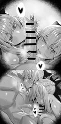  1boy 2girls absurdres artoria_caster_(fate) artoria_caster_(second_ascension)_(fate) artoria_pendragon_(fate) bar_censor breasts censored commentary cooperative_fellatio fate/grand_order fate_(series) fellatio ffm_threesome fujimaru_ritsuka_(male) greyscale group_sex heart heart-shaped_pupils highres hxd large_breasts licking licking_nipple monochrome morgan_le_fay_(fate) multiple_girls nipple_stimulation oral penis pov straight symbol-shaped_pupils threesome 