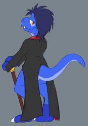  anthro bottomless cane clothed clothing digitigrade dinosaur dromaeosaurid extinct kyrio kyrio_the_raptor_(kyrio) long_coat looking_back male prehistoric_species reptile scalie solo standing tail theropod thick_tail 