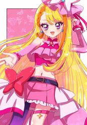  asymmetrical_bangs belt_bow blonde_hair blush braid bridal_gauntlets brooch commentary cure_butterfly earrings female highres hijiri_ageha hirogaru_sky!_precure jewelry magical_girl midriff navel open_mouth pantyhose pink_skirt precure purple_eyes purple_pantyhose shinji_(udonteishoku) side_braid single_leg_pantyhose skirt smile solo triangle_earrings wing_brooch 