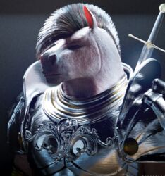  2022 3d_(artwork) absurd_res anthro armor black_nose body_armor breastplate close-up detailed digital_media_(artwork) equid equine eupharrow eyebrows fantasy front_view glistening gold_(metal) guard hair half-closed_eyes half-length_portrait hi_res horse inside knight looking_away male mammal mane mane_hair medieval medieval_armor melee_weapon military mohawk multicolored_body multicolored_skin narrowed_eyes photorealism pink_body pink_skin plate_armor portrait realistic royalty shadow shoulder_guards silver_(metal) simple_background snout soldier solo sword warrior watermark weapon 