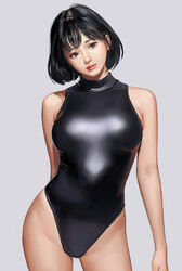  arm_behind_back bangs black_hair black_swimsuit bob_cut breasts contrapposto corgi_(corgi0322) cowboy_shot female groin head_tilt highleg highleg_swimsuit highres lips looking_at_viewer nose one-piece_swimsuit original realistic shiny shiny_clothes shiny_swimsuit short_hair simple_background solo standing swimsuit turtleneck turtleneck_swimsuit 