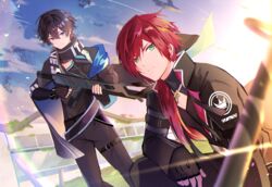  2boys absurdres apex_legends assault_rifle axia_krone axia_krone_(1st_costume) bad_id bad_pixiv_id black_cape black_gloves black_hair black_jacket black_pants blue_eyes cape closed_mouth commentary_request feet_out_of_frame fingerless_gloves gloves goroo_(eneosu) green_eyes gun hair_between_eyes highres holding holding_gun holding_weapon jacket lauren_iroas lauren_iroas_(1st_costume) long_hair long_sleeves looking_at_viewer male_focus multiple_boys nijisanji outdoors pants r-301_carbine red_hair rifle smile squatting standing sunset virtual_youtuber weapon 