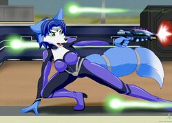  anthro blaster blue_body blue_fur blue_hair boots breasts canid canine clothed clothing crouching female firing_weapon footwear fox fur hair high_heeled_boots high_heels jorge-the-wolfdog krystal_(star_fox) krystal_appreciation_month mammal nintendo open_mouth shooting_gun solo star_fox suit weapon white_body white_fur 