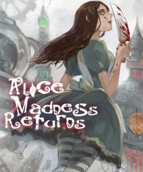  alice:_madness_returns alice_liddell_(american_mcgee&#039;s_alice) american_mcgee&#039;s_alice black_hair blood breasts doro_(kura-chou) dress female green_eyes highres holding knife long_hair pantyhose puffy_sleeves short_sleeves solo striped_clothes striped_pantyhose weapon 