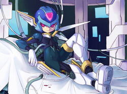  android armor blue_clothing capcom clothing copy_x headgear helmet holding_object humanoid lying machine male mega_man_(series) mega_man_zero nasu_(roda_de_estrela) red_eyes reploid robot simple_background solo 