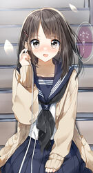  :d absurdres black_hair black_neckerchief blue_sailor_collar blue_skirt blush brown_cardigan brown_eyes brown_hair buttons cardigan commentary earbuds earphones female hair_ornament hairclip hand_up highres holding holding_earphones long_hair long_sleeves looking_at_viewer neckerchief nose_blush open_cardigan open_clothes open_mouth original pentagon_(railgun_ky1206) play_button pleated_skirt sailor_collar school_uniform serafuku shirt sitting sitting_on_stairs skirt sleeves_past_wrists smile solo speech_bubble stairs translated triangle unbuttoned white_shirt 