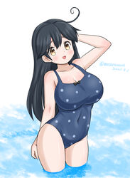  ahoge black_hair breasts brown_eyes casual_one-piece_swimsuit cleavage commentary_request dated female kantai_collection large_breasts long_hair masara_(chuujou) one-hour_drawing_challenge one-piece_swimsuit polka_dot polka_dot_swimsuit simple_background solo standing swimsuit twitter_username ushio_(kancolle) ushio_(swimsuit_mode)_(kancolle) wading water white_background 