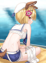  :3 absurdres animal_ears back bare_shoulders barefoot belt blonde_hair blue_shorts blunt_bangs breasts butterfly_sitting closed_mouth commentary_request crop_top erune female flower from_side full_body granblue_fantasy hair_flower hair_ornament hat hat_ribbon highres knees_apart_feet_together looking_at_viewer looking_back medium_hair midriff official_alternate_costume orange_eyes ribbon sagace sailor_collar shirt short_shorts shorts sidelocks sitting sleeveless sleeveless_shirt small_breasts smile solo tail toes tsurime unworn_clothes vajra_(granblue_fantasy) vajra_(summer)_(granblue_fantasy) water white_hat white_sailor_collar white_shirt 