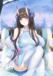  azur_lane bare_shoulders black_hair blue_dress blue_flower blue_thighhighs breasts chair china_dress chinese_clothes dress female flower fur_shawl hair_flower hair_flowing_over hair_ornament hair_stick hairpin halter_dress halterneck highres horns long_hair looking_at_viewer lounge_chair medium_breasts momijizuki_luna noshiro_(azur_lane) noshiro_(fragrance_of_the_eastern_snow)_(azur_lane) official_alternate_costume oni_horns purple_eyes shawl sleeveless sleeveless_dress snow snowflake_print solo thighhighs 