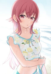  absurdres ahoge blush breasts collarbone crop_top crossed_bangs female food_print hair_between_eyes highres idolmaster idolmaster_shiny_colors kijibato_123-gou komiya_kaho lemon_print long_hair looking_at_viewer navel open_mouth red_eyes red_hair sleeveless solo swimsuit wet 