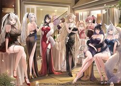  6+girls alternate_costume animal_ears anniversary azur_lane baltimore_(azur_lane) bare_back bare_shoulders black_dress black_footwear black_hair black_thighhighs blonde_hair bluecher_(azur_lane) breasts bremerton_(azur_lane) cake champagne_flute cleavage closed_mouth commentary cup dress drinking_glass evening_gown food forehead fox_ears fox_girl fox_tail full_body gloves grey_hair high_heels horns implacable_(azur_lane) large_breasts lillly looking_at_viewer looking_back multiple_girls musashi_(azur_lane) official_art open_mouth pink_hair ponytail prinz_eugen_(azur_lane) queen_elizabeth_(azur_lane) red_footwear see-through see-through_dress shinano_(azur_lane) short_hair side_slit sidelocks sitting sitting_on_table sleeveless sleeveless_dress smile stairs standing tail thighhighs ting_an_(azur_lane) twintails two_side_up white_gloves white_thighhighs yorktown_(azur_lane) 