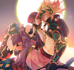  1boy arm_guards axe backlighting baggy_pants bandages bare_shoulders blonde_hair blue_eyes blue_pants blush bob_cut breasts bridal_gauntlets collarbone eyeliner fate/grand_order fate_(series) female headband headpiece highres horns japanese_clothes kimono knee_up leaning_forward long_sleeves makeup medium_hair midriff muscular oni pants parted_lips purple_eyes purple_hair purple_kimono revealing_clothes sagta_panggang sakata_kintoki_(fate) sakata_kintoki_(heian_warrior_attire)_(fate) sash short_hair shuten_douji_(fate) sitting skin-covered_horns small_breasts smile thighs wide_sleeves 