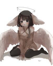  115meg absolute_territory absurd_res angelic anthro big_ears black_hair blush bob_cut bodily_fluids breasts cleavage clothed clothing crying feathered_wings feathers female fluffy fluffy_tail glistening glistening_eyes grey_eyes hair halo hands_between_legs hi_res legwear medium_breasts natural_breasts no_bra simple_background solo stockings tail tears unknown_species wings 