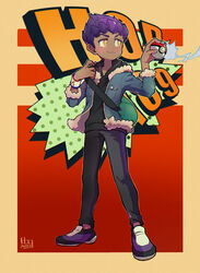  1boy bad_id bad_pixiv_id black_pants black_shirt blue_jacket blush bo9_(bo9_nc) closed_mouth commentary_request dark-skinned_male dark_skin dated energy fur-trimmed_jacket fur_trim green_bag holding holding_poke_ball hop_(pokemon) jacket male_focus pants poke_ball poke_ball_(basic) pokemon pokemon_swsh purple_hair shirt shoes short_hair signature smile solo standing yellow_eyes 