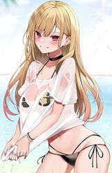  bad_id bad_twitter_id beach bikini bikini_under_clothes black_bikini black_choker blonde_hair blush bracelet choker contrapposto cowboy_shot day ear_piercing female floral_print gradient_hair grin highres jewelry kitagawa_marin long_hair looking_at_viewer multicolored_hair navel necklace no_pants outdoors parted_lips piercing pink_hair print_bikini red_eyes rei_(rei_9146) see-through shirt short_sleeves side-tie_bikini_bottom smile solo sono_bisque_doll_wa_koi_wo_suru swimsuit teeth wet wet_clothes wet_shirt white_shirt 