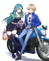  2girls absurdres ahoge alternate_costume aqua_hair bag black_choker black_dress black_footwear blonde_hair blue_eyes blue_jacket blue_pants boots breasts chloe_(fire_emblem) choker cleavage commentary commission contemporary dress fire_emblem gloves green_eyes green_jacket hand_up helmet high_collar highres holding holding_bag holding_helmet jacket long_hair looking_at_viewer medium_breasts merrin_(fire_emblem) motor_vehicle motorcycle motorcycle_helmet multiple_girls open_clothes open_jacket pants pixiv_commission shirt shoes shopping_bag short_dress short_hair silvercandy_gum smile standing strapless strapless_dress thigh_boots transparent_background tube_dress very_long_hair white_gloves white_shirt zettai_ryouiki 