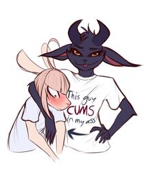  2022 anthro blep blush bodily_fluids bovid caprine clothing digital_media_(artwork) duo fur goat hair head_tuft hi_res horn jarnqk linus_(jarnqk) looking_at_viewer mammal shirt simple_background sweat sweatdrop t-shirt text text_on_clothing text_on_shirt text_on_topwear tongue tongue_out topwear tuft white_background 