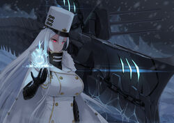  anthro azur_lane cape elbow_gloves gloves hat kin&#039;iro_dojo long_hair red_eyes signed snow sovetskaya_rossiya_(azur_lane) white_hair 