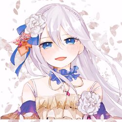  bad_id bad_twitter_id blue_eyes blush carnation_recollection_(project_sekai) female flower gem hair_between_eyes hair_flower hair_ornament highres jewelry kanade_tomosu_sora_(vocaloid) long_hair looking_at_viewer necklace nekojita_(nkzt21) official_alternate_costume open_mouth pearl_(gemstone) pearl_hair_ornament project_sekai smile solo very_long_hair white_flower white_hair yoisaki_kanade 