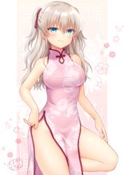  bare_legs bare_shoulders blue_eyes blush breasts charlotte_(anime) china_dress chinese_clothes closed_mouth commentary_request commission dress female floral_background floral_print grey_hair groin hair_between_eyes hand_on_own_thigh highres knee_up lifting_own_clothes long_hair looking_at_viewer medium_breasts nakamura_hinato pelvic_curtain pink_dress ponytail print_dress signature skeb_commission skin_tight sleeveless sleeveless_dress smile smirk smug solo standing standing_on_one_leg tomori_nao 