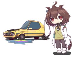  absurdres agnes_tachyon_(umamusume) ahoge animal_ears black_necktie brown_hair car chibi collared_shirt commentary_request ear_piercing earrings female ford ford_mustang ford_mustang_(1st_generation) highres horse_ears horse_girl horse_tail jewelry lab_coat motor_vehicle muscle_car necktie pantyhose partial_commentary piercing red_eyes sakusan_(ss-awesome) shirt shoes short_necktie single_earring sleeves_past_wrists solo sweater_vest tail test_tube umamusume vehicle_focus white_footwear 