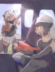  3girls animal_ears arm_rest arm_up badger_ears badger_tail bandaid bandaid_on_face bandaid_on_nose black_hair boots brown_hair camisole closed_eyes day elbow_gloves fingerless_gloves fur_trim gloves greater_honeyguide_(kemono_friends) grey_hair hand_on_own_hip jacket jacket_on_shoulders kemono_friends leaning_forward long_hair looking_at_another lying multicolored_hair multiple_girls oerba_yun_fang on_side orange_hair pantyhose pantyhose_under_shorts ratel_(kemono_friends) scar scar_on_cheek scar_on_face shorts shuushuusha sitting skin_fang skirt smile standing tail tan thigh_boots thighhighs two-tone_hair wolverine_(kemono_friends) zettai_ryouiki 