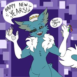  1:1 2021 4_fingers alcohol anthro beverage blue_body blue_eyes champagne fenril_(spicy_flakes) fingers frost_jeckals_(huf13) fur hi_res holidays male neck_tuft new_year noisemaker simple_background skull_bunz_official solo speech_bubble tail teeth_showing tongue tuft white_body white_fur 