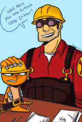  amputee anthro armor bandage bandaged_arm beaver beaver_tail belt belt_buckle black_clothing black_overalls blue_background buckle clothing colored countershading crossover disability duo engineer_(team_fortress_2) eyewear frown frowning_at_partner fur furniture gloves goggles hand_on_head handless handwear handy_(htf) happy_tree_friends hard_hat headgear heart_nose heart_symbol helmet human larger_human light_belly looking_at_another looking_at_partner male mammal missing_arm orange_body orange_fur overalls paper pencil_(object) red_clothing red_shirt red_topwear rodent shino-love-bug248 shirt signature simple_background sitting size_difference smaller_anthro smile stern_look table team_fortress_2 tool_belt tools topwear valve yellow_helmet 