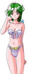  1990s_(style) asou_kasumi bikini breasts brown_eyes cleavage cowboy_shot female green_hair highres kokura_masashi light_smile long_hair looking_at_viewer navel non-web_source official_art retro_artstyle simple_background solo standing strapless strapless_bikini swimsuit tokimeki_memorial tokimeki_memorial_2 white_background 