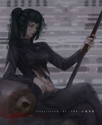  bad_id bad_pixiv_id black_hair black_jacket blood closed_mouth female fengbuxiao glasses green_hair highres holding jacket jujutsu_kaisen long_sleeves navel polearm ponytail school_uniform shirt torn_clothes weapon zen&#039;in_maki 