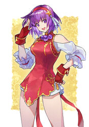  :d asamiya_athena breasts china_dress chinese_clothes commentary_request cowboy_shot dress female fingerless_gloves gloves hair_ribbon hairband hand_on_own_hip hand_up highres looking_at_viewer medium_breasts open_mouth purple_eyes purple_hair red_dress red_gloves ribbon simple_background smile solo standing strapless strapless_dress taki_(nakochan) teeth the_king_of_fighters the_king_of_fighters_xv upper_teeth_only white_background 