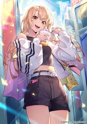  bag bang_dream! bare_shoulders blonde_hair blush breasts brown_eyes cowboy_shot crop_top cup earrings essual_(layer_world) female highres holding holding_bag holding_cup jacket jewelry kirigaya_toko long_hair looking_at_viewer medium_breasts midriff nail_polish navel open_clothes open_jacket open_mouth outdoors short_shorts shorts smile solo wavy_hair yellow_eyes 