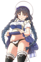  alternate_hairstyle apron assault_lily beret black_hair black_panties black_ribbon black_thighhighs blue_bow blue_dress blue_ribbon blush bow bow_panties braid breasts buttons clothes_lift collared_dress commentary_request cowboy_shot dress dress_lift embarrassed female frilled_apron frilled_panties frills hands_up hat hat_bow jewelry lace-trimmed_panties lace_trim lifting_own_clothes long_hair looking_at_viewer medium_breasts navel neck_ribbon nose_blush panties parted_lips puffy_short_sleeves puffy_sleeves purple_eyes ribbon ring shirai_yuyu short_sleeves sidelocks simple_background skull573 solo standing stomach striped striped_ribbon thighhighs twin_braids two-tone_dress underwear very_long_hair white_apron white_background white_dress white_hat 