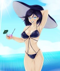  absurdres arm_behind_head badsharku bikini black_bikini black_hair blue_bikini blue_eyes breasts cleavage cocktail_umbrella female girls&#039;_frontline hat highres intruder_(girls&#039;_frontline) large_breasts lipstick looking_at_viewer makeup nail_polish sangvis_ferri swimsuit 